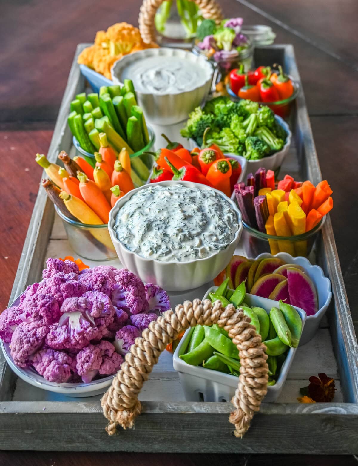 Crudite platter also known as a vegetable board, veggie tray, vegetable platter with dips.