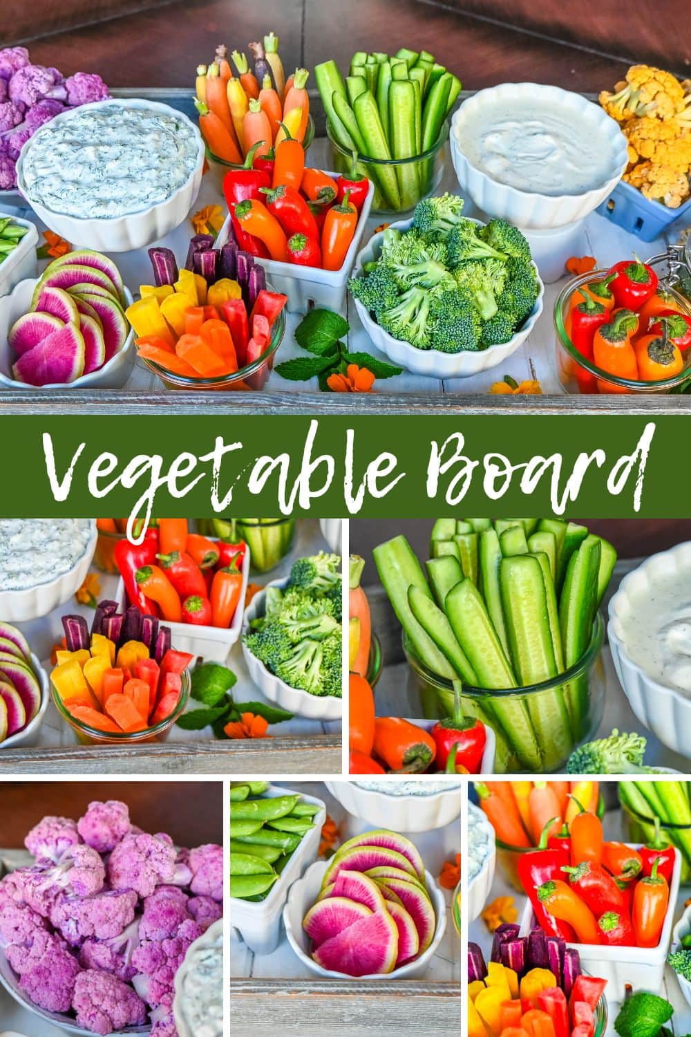 How to create a beautiful crudite platter also known as a vegetable board, vegetable tray with dips, or veggie platter with dips. Includes what types of vegetables to choose, how to display the vegetables on a board or platter, and what dips pair well with vegetables.